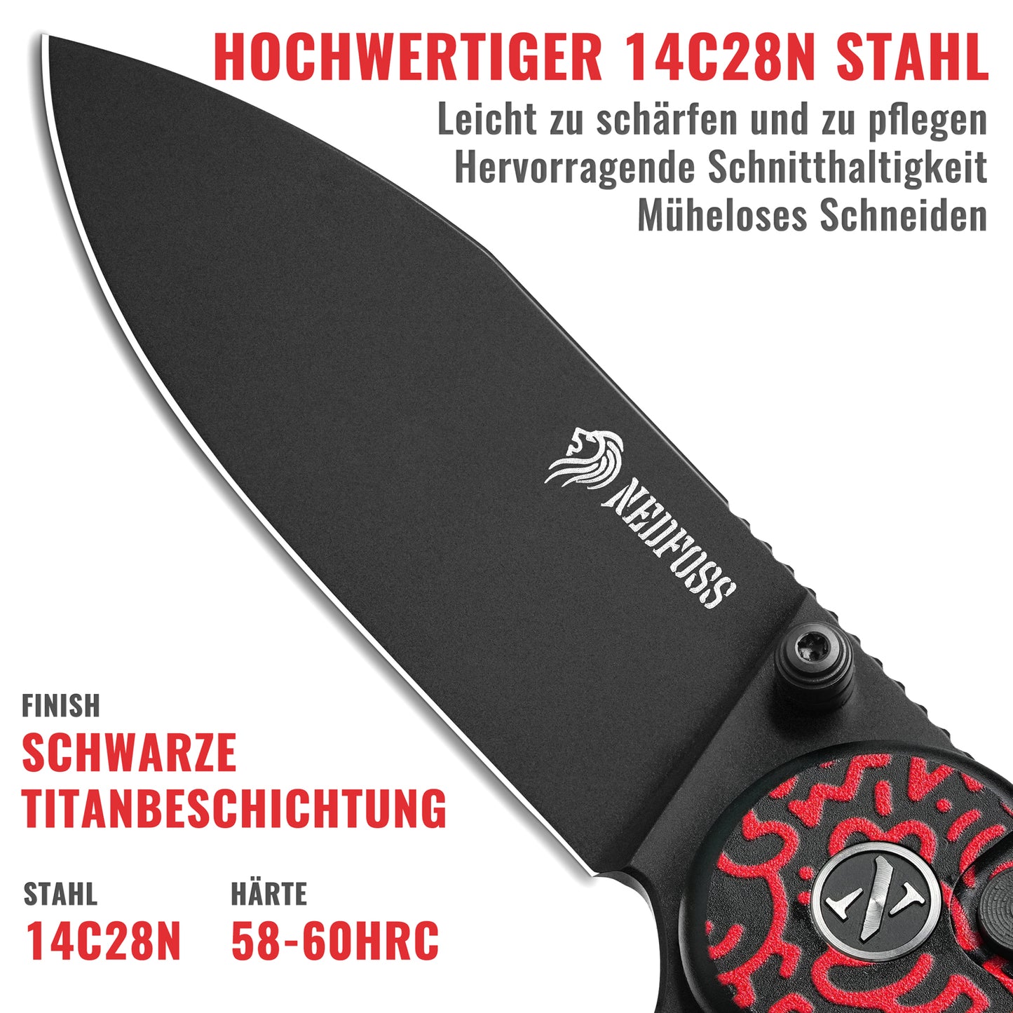 NedFoss FORTUNE Klappmesser, 7.5CM 14C28N Stahl Taschenmesser mit Button-Lock, Einhandmesser mit Aluminium-Griff, Outdoor Messer mit Gürtelclip, Survival Messer für den Alltag, Sammlung & Geschenk