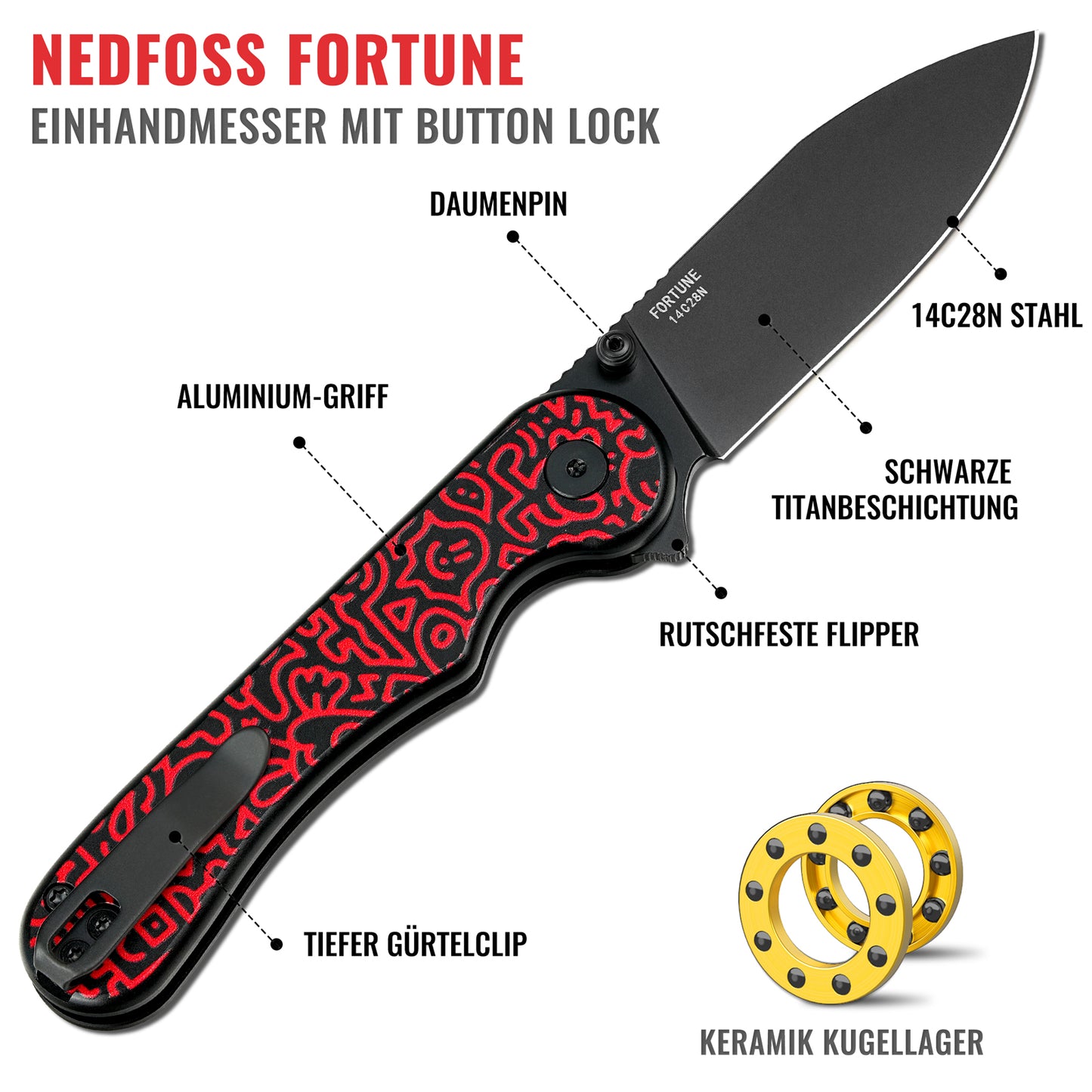 NedFoss FORTUNE Klappmesser, 7.5CM 14C28N Stahl Taschenmesser mit Button-Lock, Einhandmesser mit Aluminium-Griff, Outdoor Messer mit Gürtelclip, Survival Messer für den Alltag, Sammlung & Geschenk