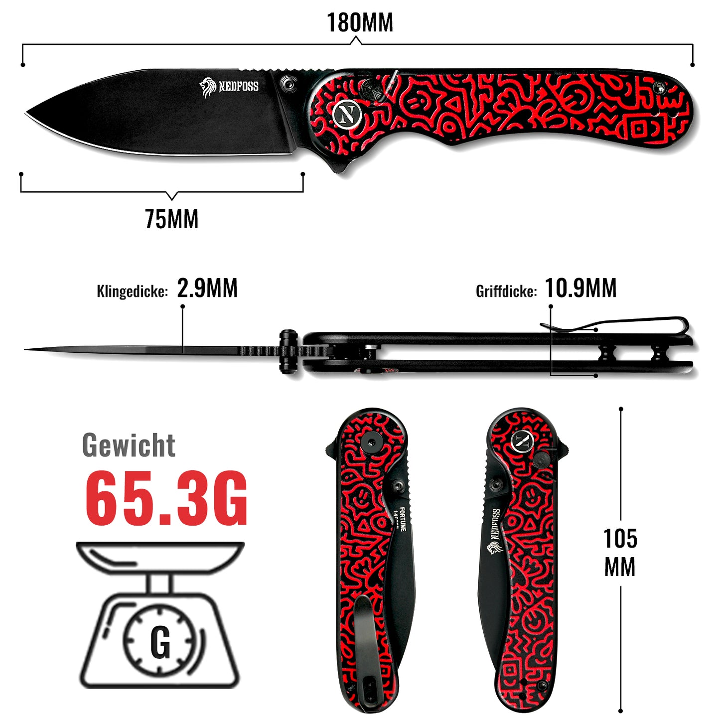 NedFoss FORTUNE Klappmesser, 7.5CM 14C28N Stahl Taschenmesser mit Button-Lock, Einhandmesser mit Aluminium-Griff, Outdoor Messer mit Gürtelclip, Survival Messer für den Alltag, Sammlung & Geschenk