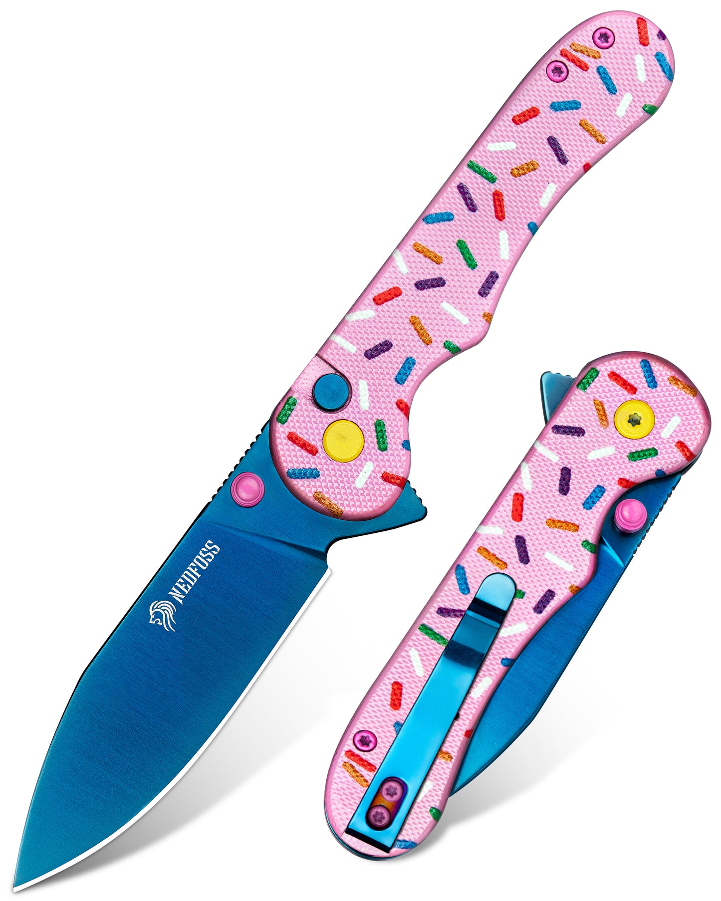 NedFoss DONUT Klappmesser, 7.5cm 14C28N Stahl Taschenmesser mit Button-Lock
