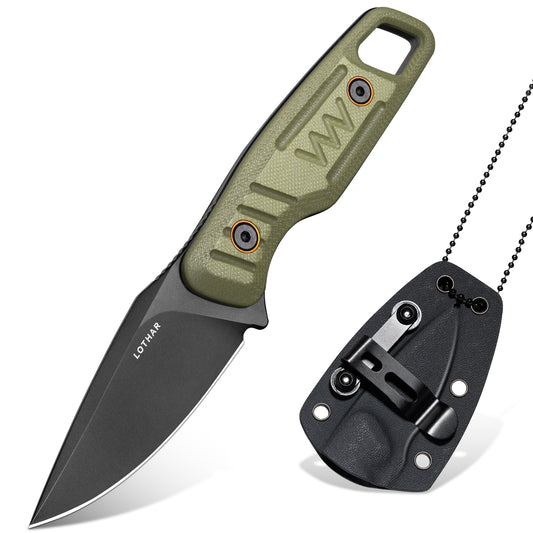 LOTHAR TURTLE 2,75" 14C28N Stahlklinge Kleine Camping-Halsmesser mit feststehender Klinge, grünem G10-Griff und Scheide