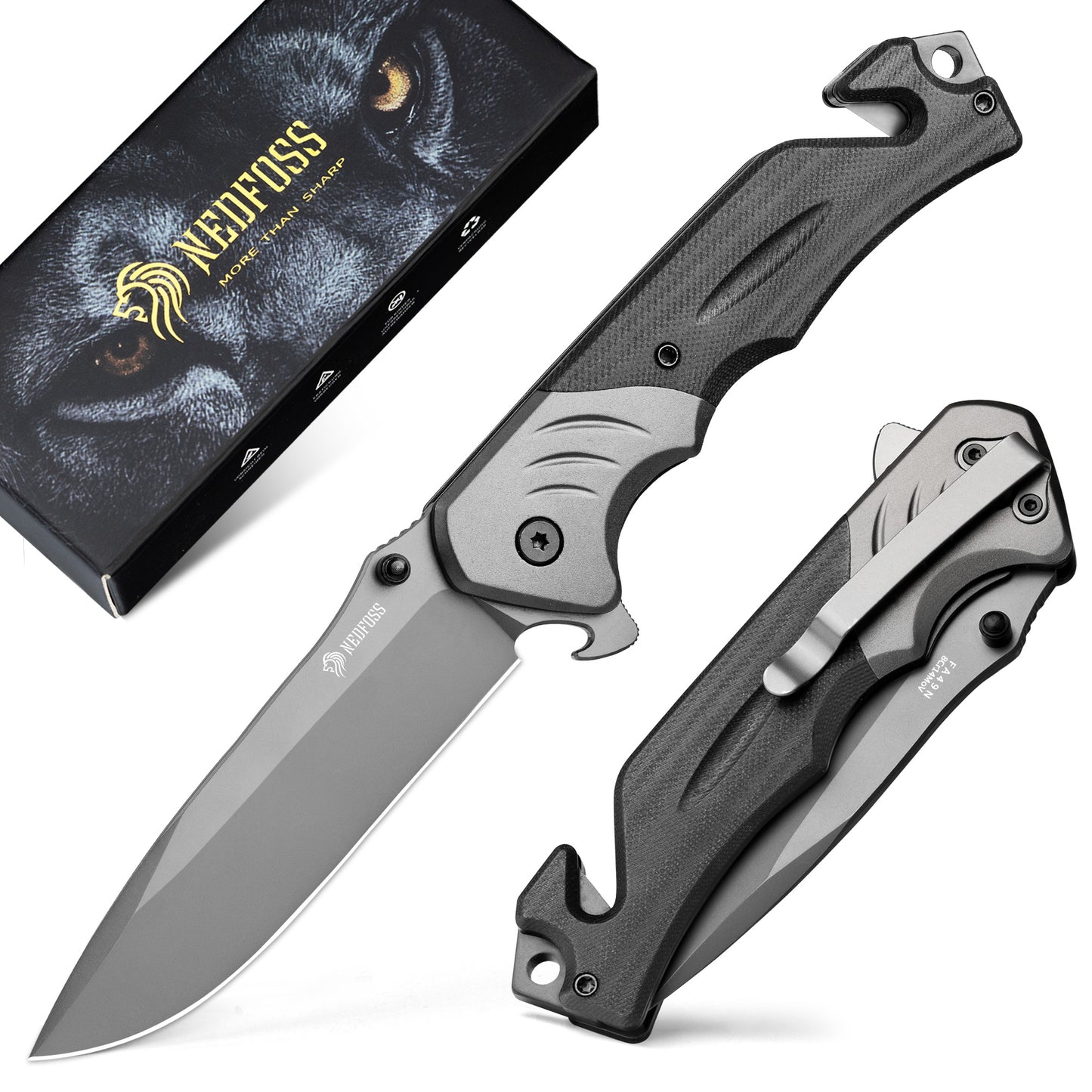 NedFoss FA49N Rettungsmesser, 8,7cm Klappmesser mit Gurtschneider & Glasbrecher & Flaschenöffner, Einhandmesser mit Gürtelclip, Taschenmesserfür Auto, Survival Rescue messer Outdoor