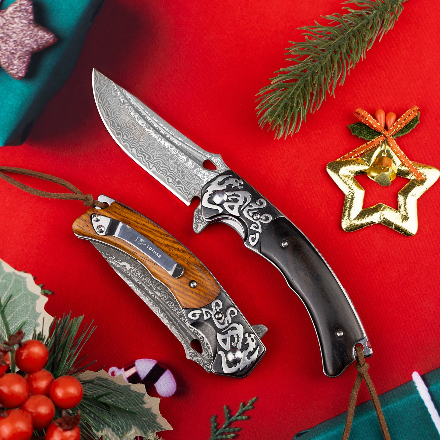 LOTHAR RHAEGAL Damast Klappmesser, Hochwertig Taschenmesser Outdoor aus 67 Lagen VG10 Damaststahl, Premium Damast Taschenmesser mit Holzgriff für Jagd, Ideal als Sammlung & Geschenk (Rosenholz)