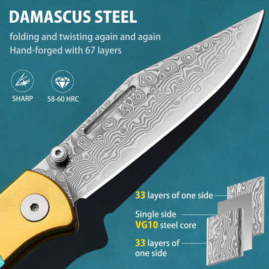 Damaskus Handgefertigtes Klappmesser mit Knopfverschluss aus geschmiedetem Damaszenerstahl, mit Griff aus Abalone-Muschel und VG10-Stahl