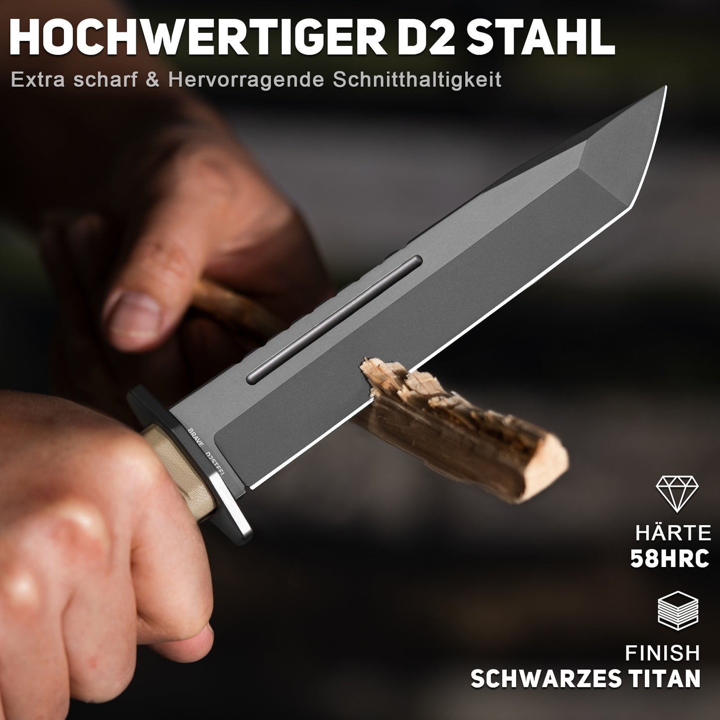 NedFoss BRAVE Bowiemesser, 17.2CM D2 Stahl FULL TANG Outdoor Messer mit G10 Griff & Kydex Scheide, Survival Messer mit Titanium, Großes Jagdmesser, Bushcraft Messer für Camping, Geschenk, Sammlung