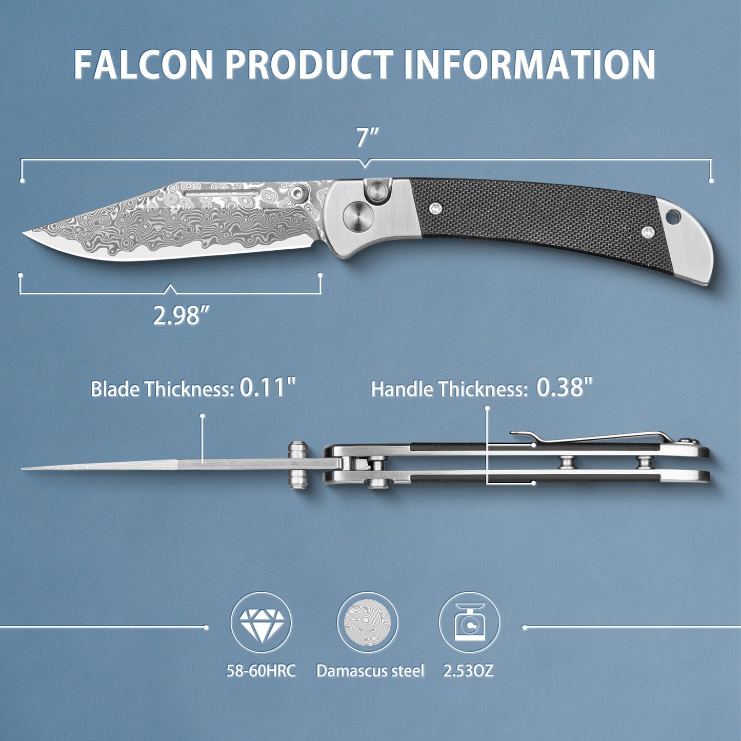 LOTHAR FALCON Taschenmesser, 7.7CM Scharfe Damast Stahl Klappmesser, Kleines G10 Griff Einhandmesser mit Knopfdruck, Button Lock EDC Messer, Gürtelclip, Ideal für Outdoor Enthusiasten