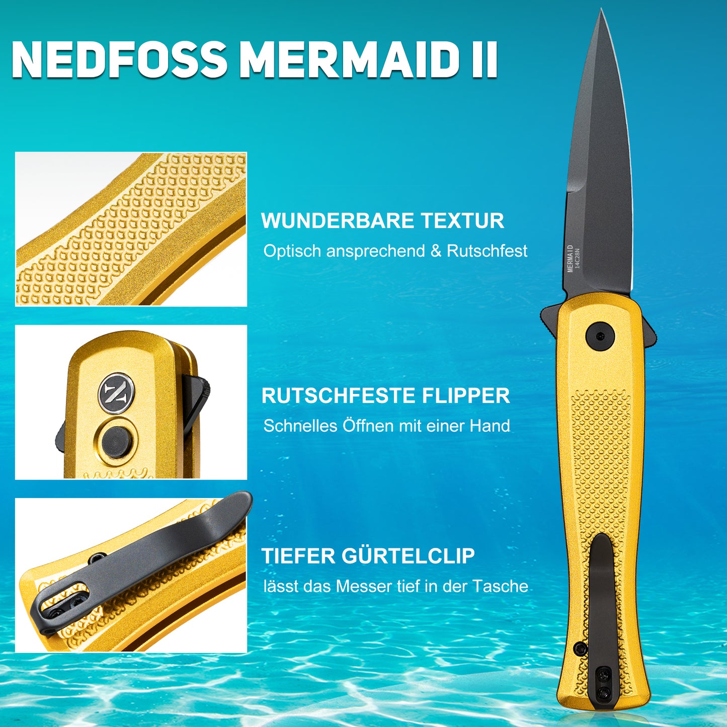 NedFoss MERMAID II Klappmesser, 8.5CM 14C28N Stahl Taschenmesser mit Button-Lock, Einhandmesser mit Aluminium-Griff, Outdoor Messer mit Gürtelclip, Survival Messer für den Alltag, Sammlung & Geschenk
