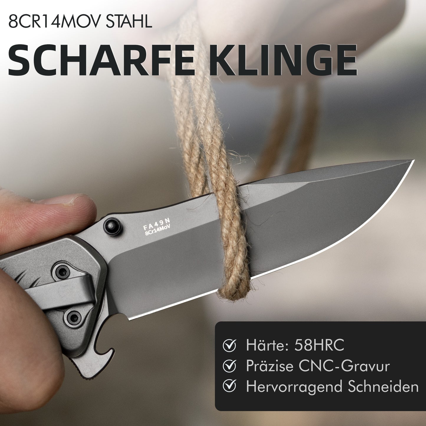NedFoss FA49N Rettungsmesser, 8,7cm Klappmesser mit Gurtschneider & Glasbrecher & Flaschenöffner, Einhandmesser mit Gürtelclip, Taschenmesserfür Auto, Survival Rescue messer Outdoor