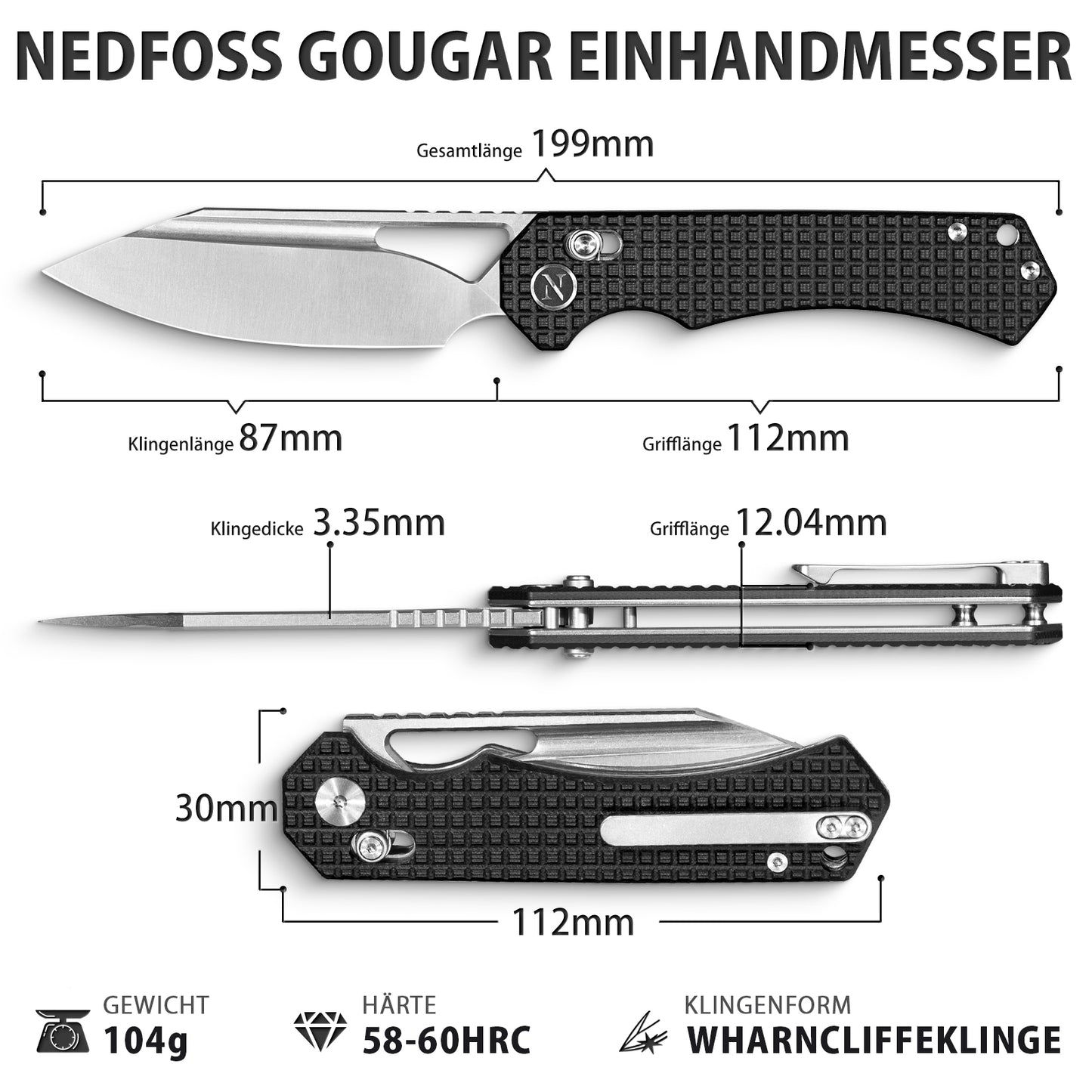 NedFoss COUGAR Klappmesser, 8.7cm 14C28N Stahl Taschenmesser mit Crossbar-Lock, Einhandmesser mit G10 Griff, Outdoor Messer mit Gürtelclip, Survival Messer für Alltag, Sammlung & Geschenk