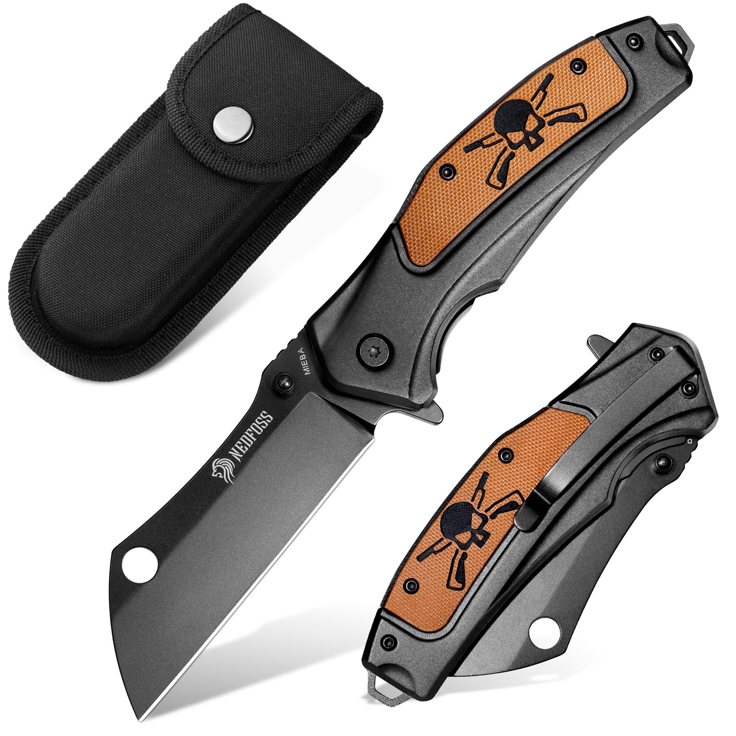 NedFoss MIEBA Klappmesser Outdoor, D2 Taschenmesser mit Cleaver-Klinge , 8,5cm Einhandmesser mit Scheide, Scharfes Outdoor Messer mit Gürtelclip, Survival Messer für Sammlung & Geschenke