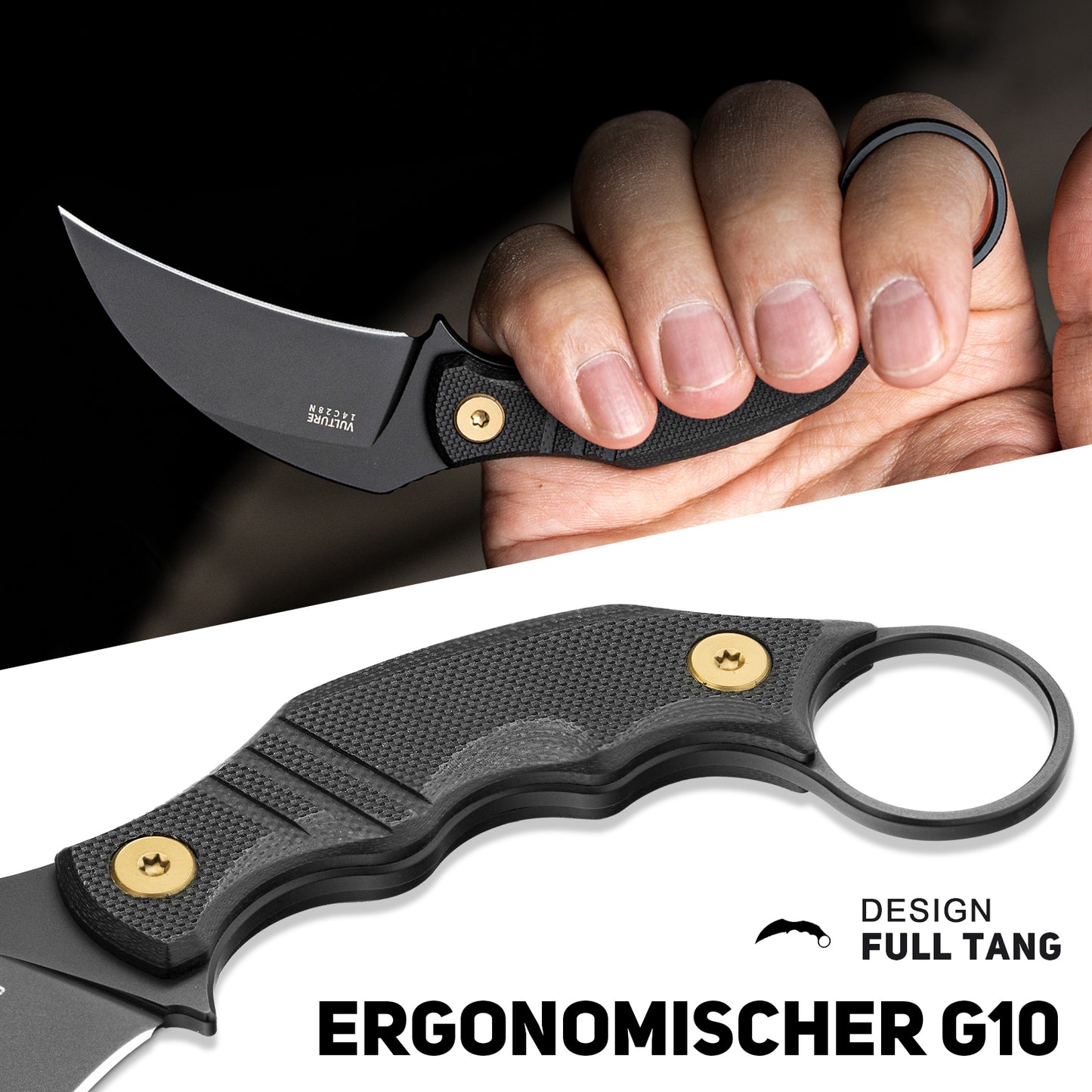 NedFoss Neck Knife VULTURE, 6CM 14C28N Stahl FULL TANG Outdoor Messer Survival mit G10 Griff & Kydexscheide, Mini Messer feststehend in Geschenk-Box für Sammlung, Camping