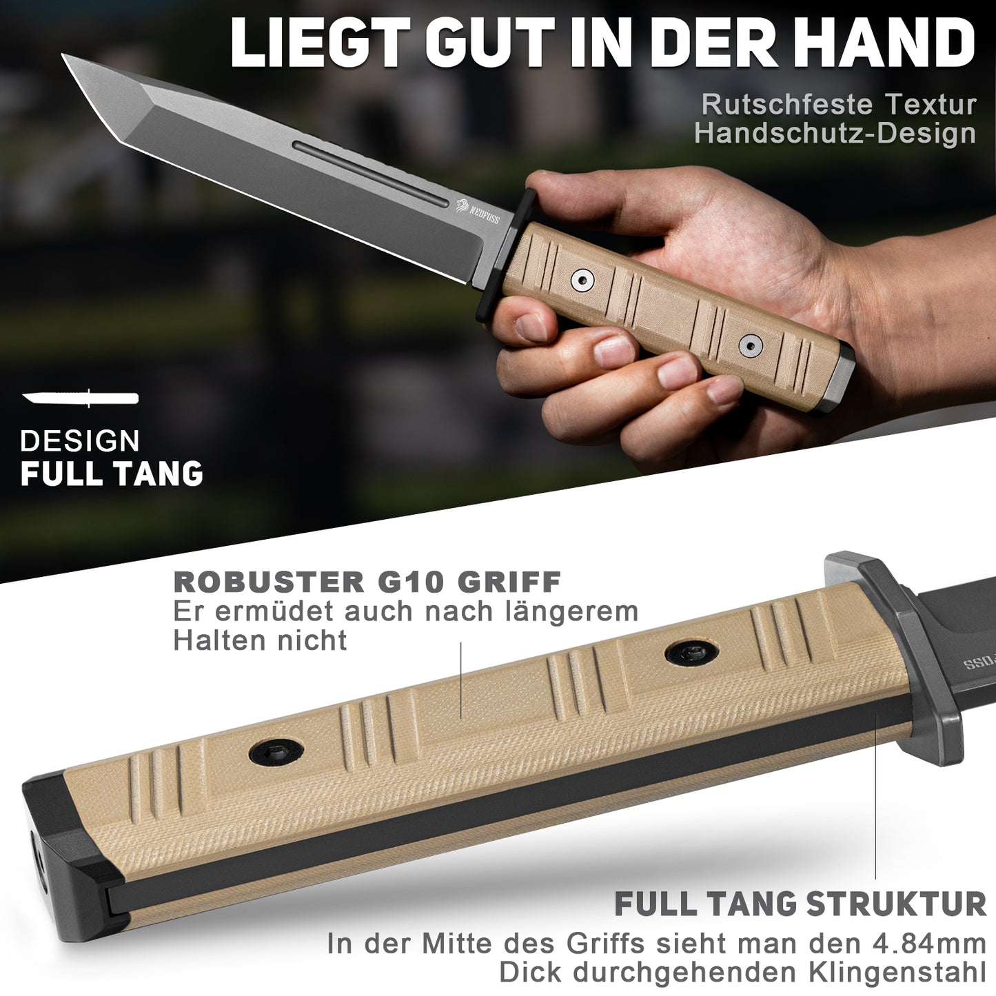 NedFoss BRAVE Bowiemesser, 17.2CM D2 Stahl FULL TANG Outdoor Messer mit G10 Griff & Kydex Scheide, Survival Messer mit Titanium, Großes Jagdmesser, Bushcraft Messer für Camping, Geschenk, Sammlung