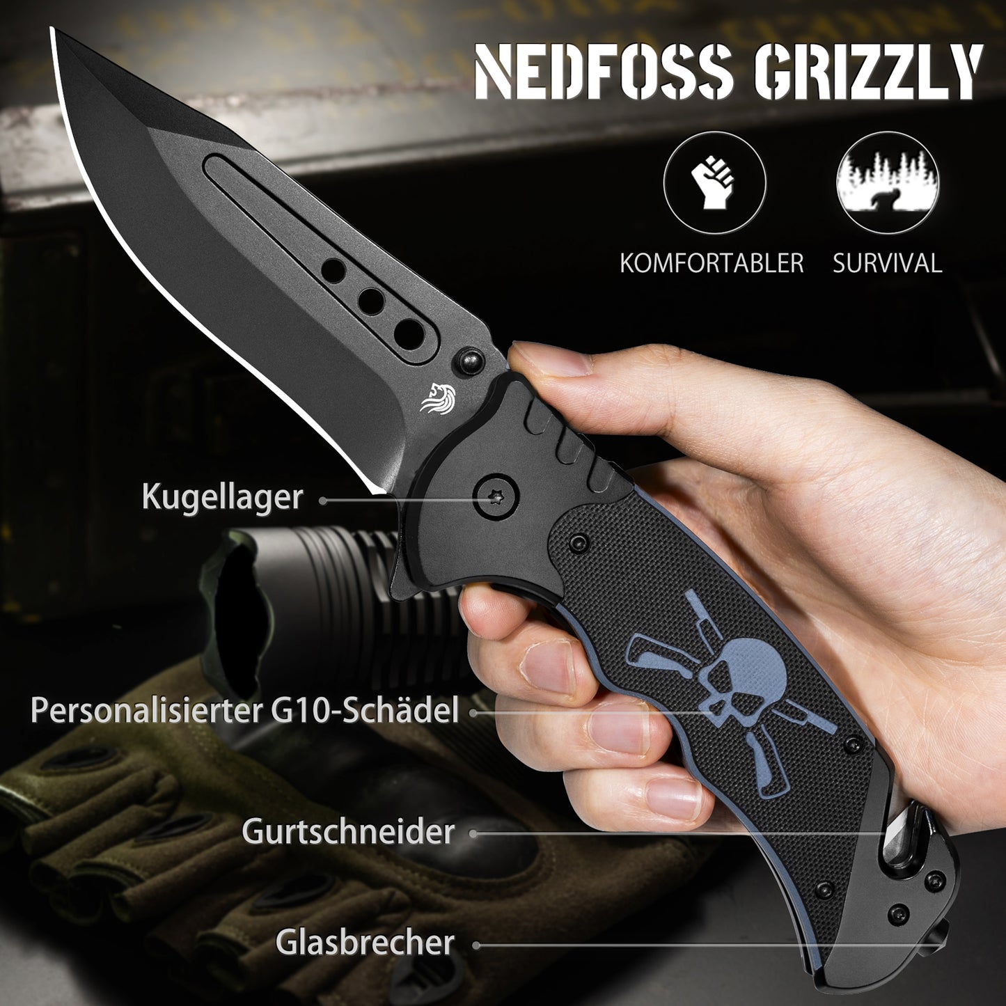 NedFoss GRIZZLY 3 IN 1 Taschenmesser, Rettungsmesser mit Gurtschneider & Glasbrecher, Klappmesser mit Gürtelclip, Survival Messer Outdoor für Auto, Einhandmesser, überlebensmesser, Rescue messer