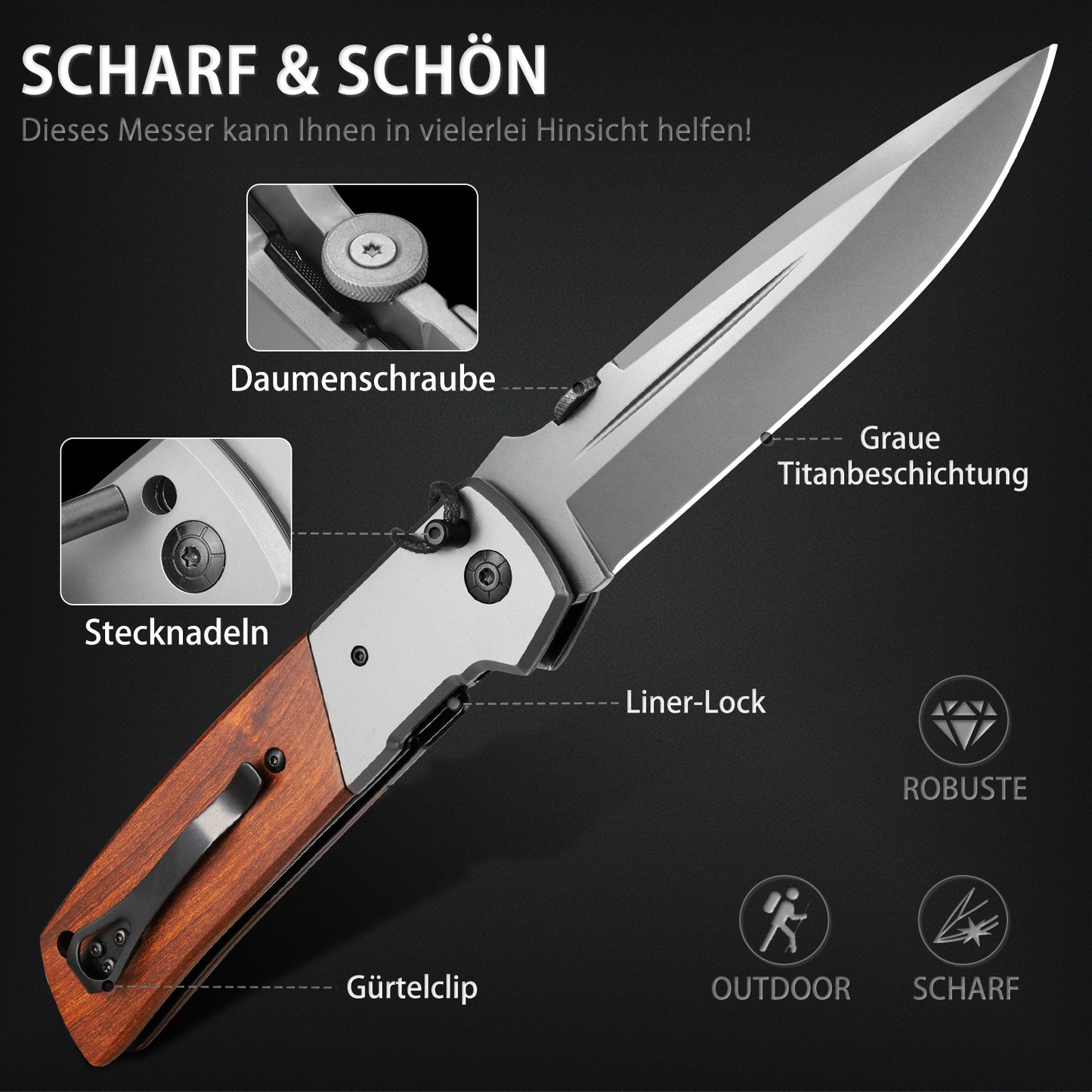 NedFoss DA52 Klappmesser, Grosses Taschenmesser mit 13cm Klinge, Universal Outdoor Klappmesser, Einhandmesser