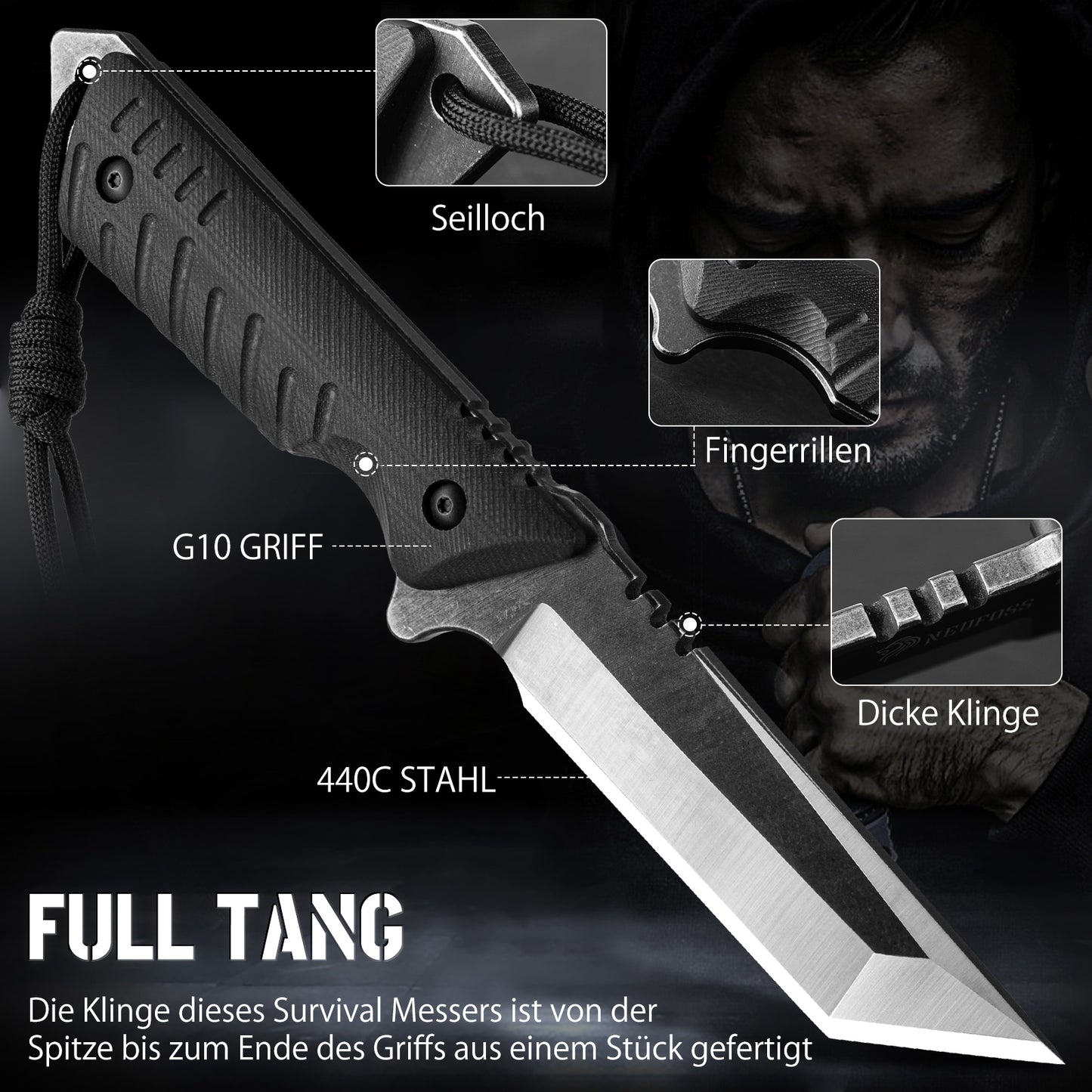 NEDFOSS DRAGON Tanto Outdoor Messer mit Kydex Holster, 10,4cm Full Tang EDC Survival Messer mit G10 Griff, feststehende Messer, Camping Gürtelmesser, Bushcraft Messer