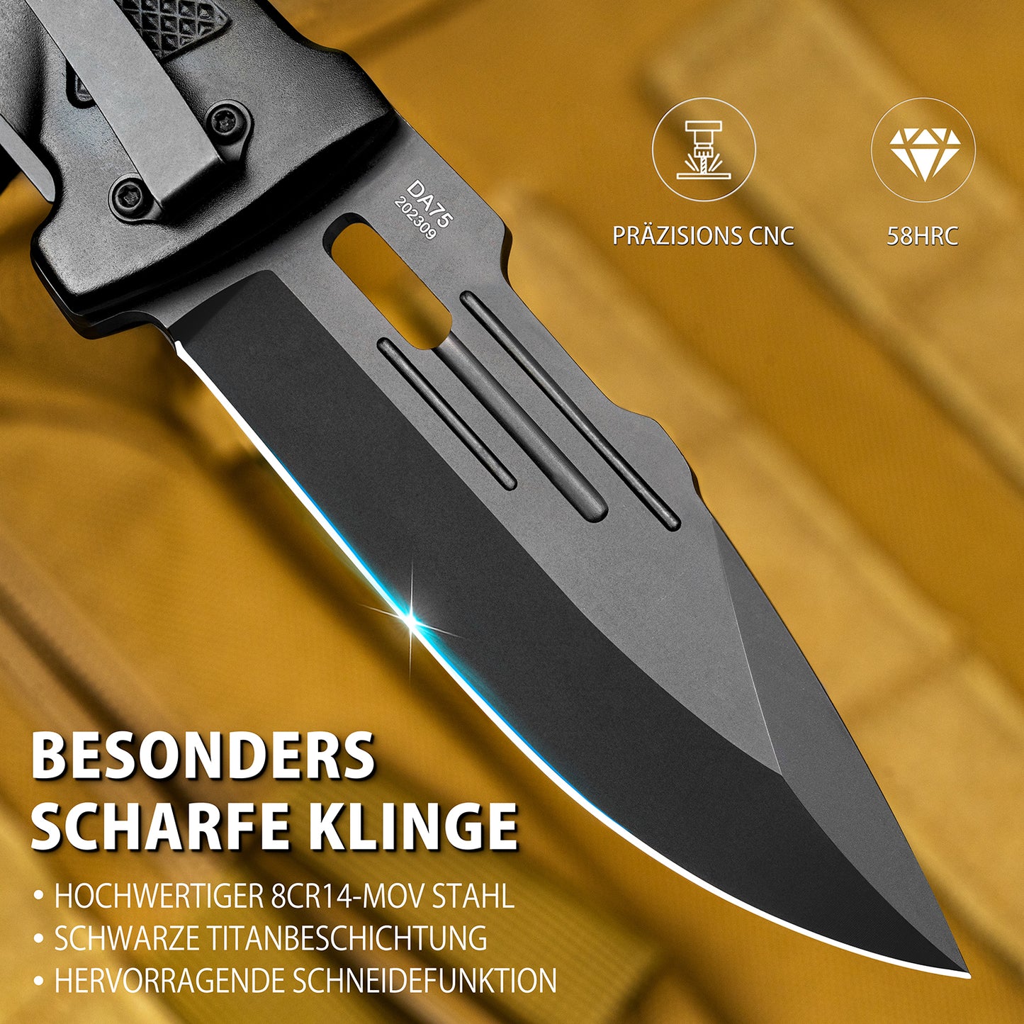 NedFoss DA75 Zweihandmesser, 10CM Taschenmesser mit Gurtschneider & Glasbrecher, Legales Klappmesser mit Liner Lock & Kugellager, Survival Messer Outdoor, Rettungsmesser mit Clip in Geschenk-Box
