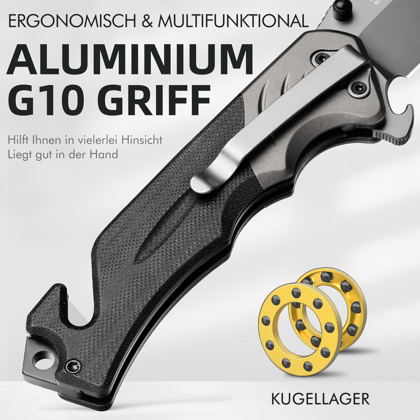 NedFoss FA49N Rettungsmesser, 8,7cm Klappmesser mit Gurtschneider & Glasbrecher & Flaschenöffner, Einhandmesser mit Gürtelclip, Taschenmesserfür Auto, Survival Rescue messer Outdoor