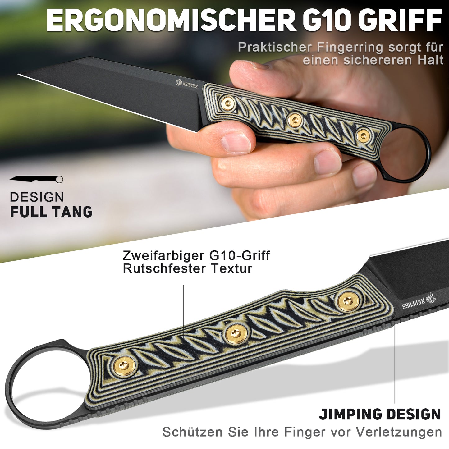 NedFoss RAVEN Jagdmesser, 8.5cm 14C28N Stahl Full Tang legales Outdoor Messer mit G10 Griff & Verstellbarer Clip, Kleines Survival Messer mit Kydexscheide, Bushcraft messer 42a konform, Edc Messer