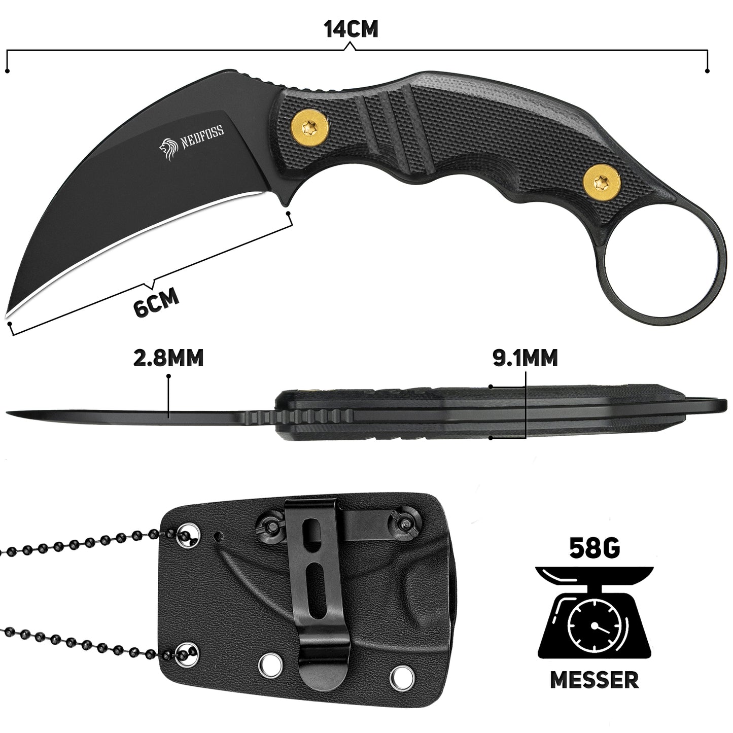 NedFoss Neck Knife VULTURE, 6CM 14C28N Stahl FULL TANG Outdoor Messer Survival mit G10 Griff & Kydexscheide, Mini Messer feststehend in Geschenk-Box für Sammlung, Camping
