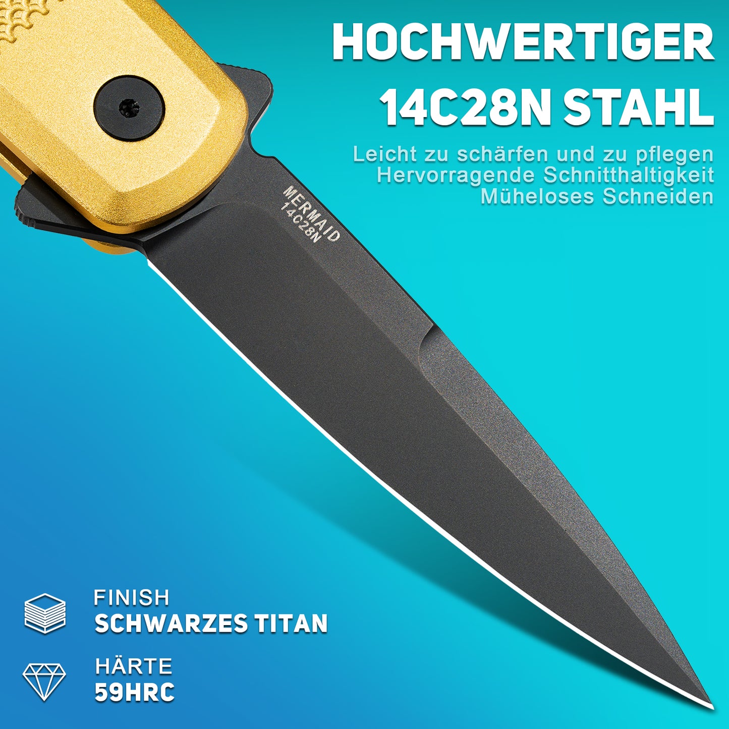 NedFoss MERMAID II Klappmesser, 8.5CM 14C28N Stahl Taschenmesser mit Button-Lock, Einhandmesser mit Aluminium-Griff, Outdoor Messer mit Gürtelclip, Survival Messer für den Alltag, Sammlung & Geschenk