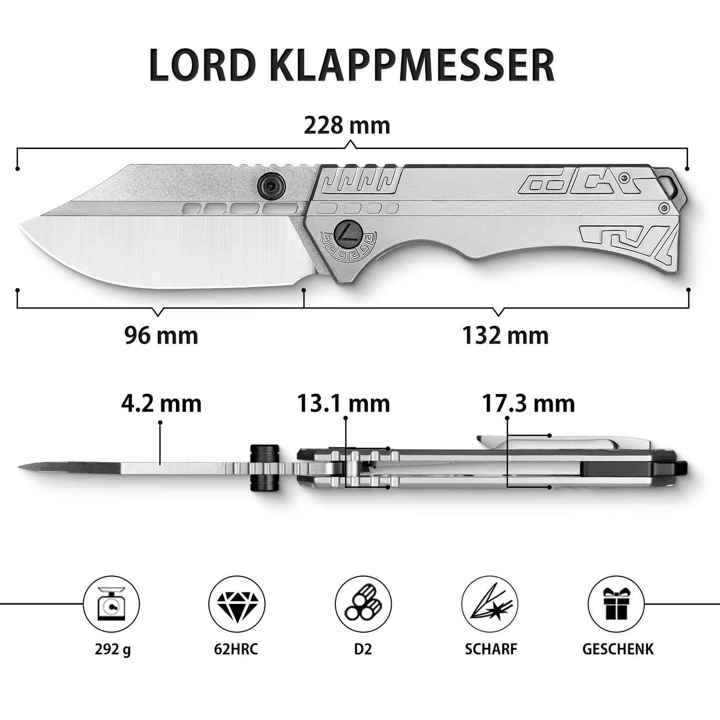 LOTHAR LORD Klappmesser, D2 Stahl Einhandmesser mit Gürtelclip, 420 Stahl Griff, Großes Outdoor Messer, Geeignet für Sammlung