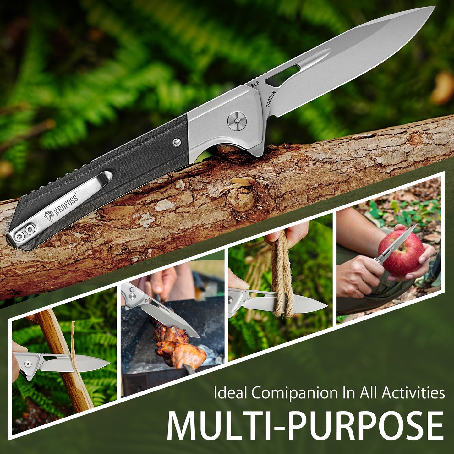 NedFoss ELF II Klappmesser, 8.5CM 14C28N Stahl Taschenmesser mit Button-Lock, Einhandmesser mit G10 Griff, Outdoor Messer mit Gürtelclip, Survival Messer für den Alltag, Sammlung & Geschenk