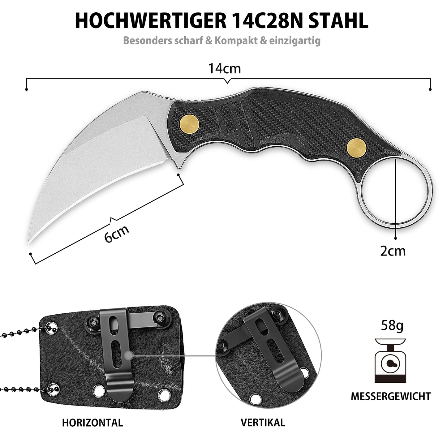 NedFoss Outdoor Messer VULTURE, 6CM 14C28N Stahl FULL TANG Survival Messer mit G10 Griff & Kydexscheide, Mini Messer feststehend in Geschenk-Box für Sammlung, Camping