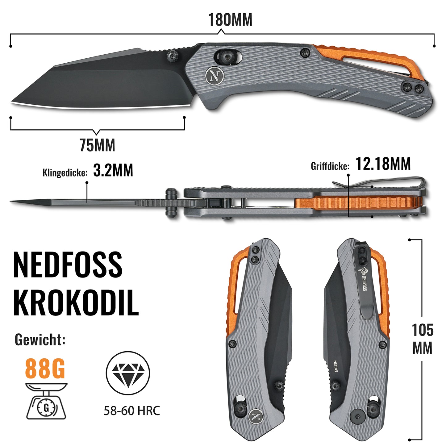 NedFoss KROKODIL Klappmesser, 7.5CM 14C28N Stahl Taschenmesser mit Axis lock, Einhandmesser mit G10 Griff, Outdoor Messer mit Gürtelclip, Survival Messer für den Alltag, Sammlung & Geschenk