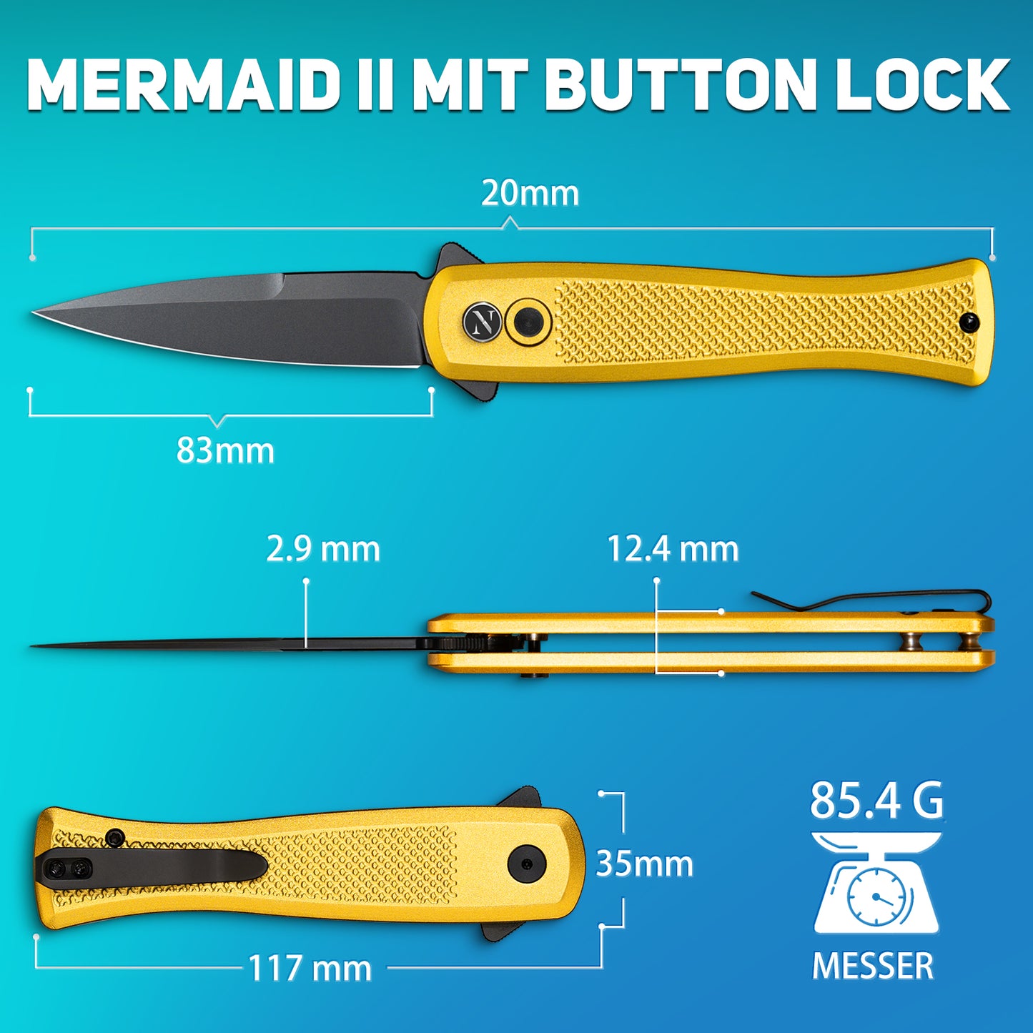 NedFoss MERMAID II Klappmesser, 8.5CM 14C28N Stahl Taschenmesser mit Button-Lock, Einhandmesser mit Aluminium-Griff, Outdoor Messer mit Gürtelclip, Survival Messer für den Alltag, Sammlung & Geschenk
