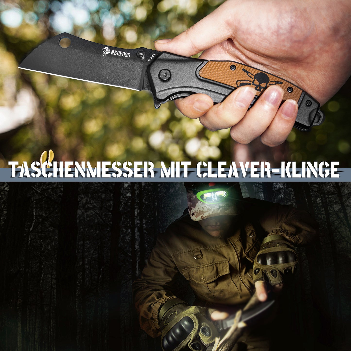NedFoss MIEBA Klappmesser Outdoor, D2 Taschenmesser mit Cleaver-Klinge , 8,5cm Einhandmesser mit Scheide, Scharfes Outdoor Messer mit Gürtelclip, Survival Messer für Sammlung & Geschenke