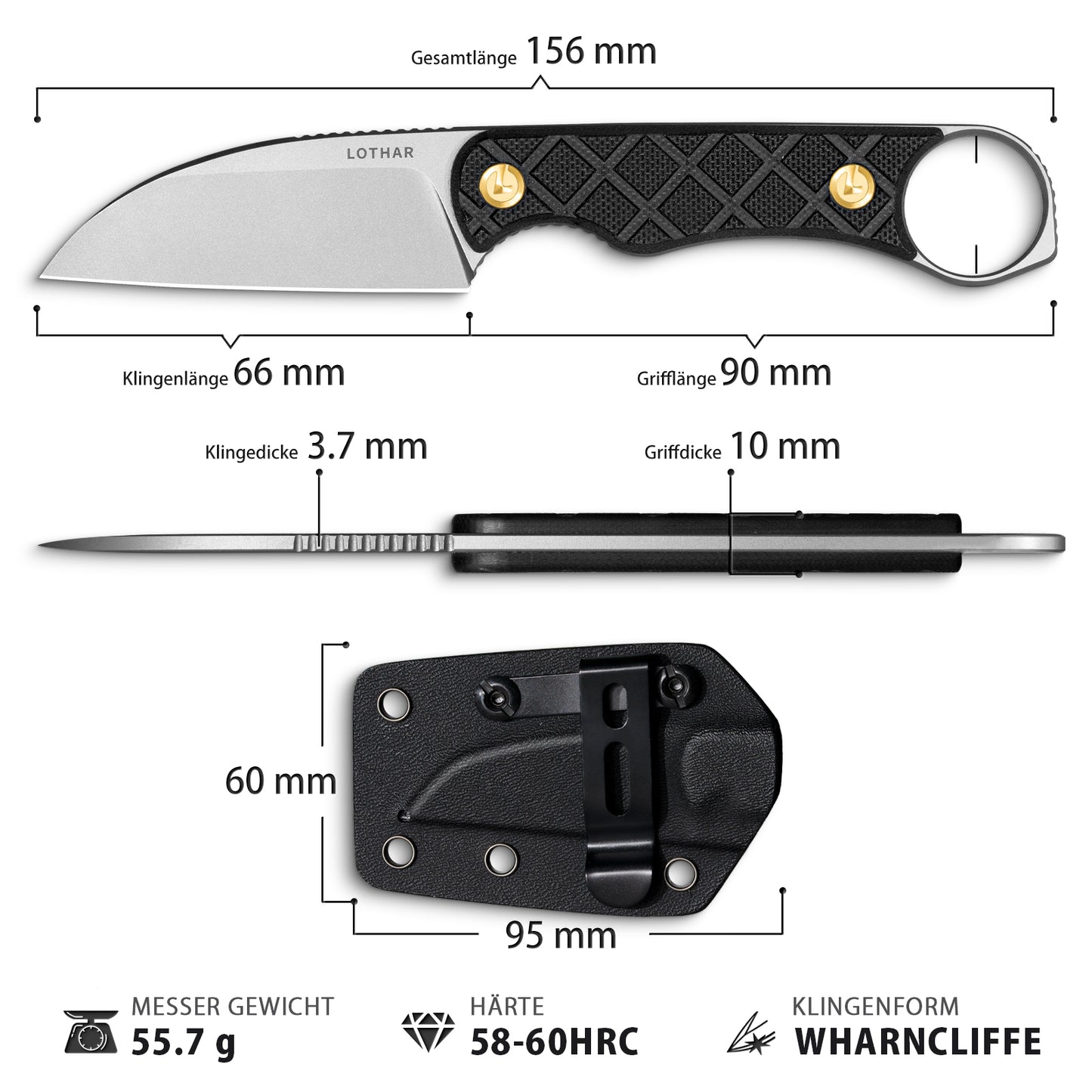 LOTHAR BEAVER Neck Knife Messer, 14C28N Stahl Fulltang Kleines Feststehendes Messer mit G10 Griff, Outdoor Mini-Messer mit Kydex Scheide und Gürtelclip