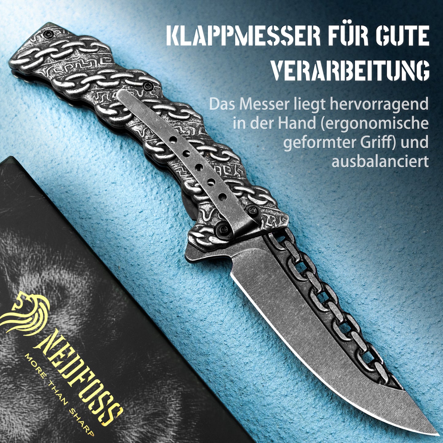 NedFoss CHAIN Klappmesser, scharfes Taschenmesser, Messer Outdoor mit einzigartigem Aussehen, Outdoor Messer, campingmesser mit Liner-Lock-Verschluss