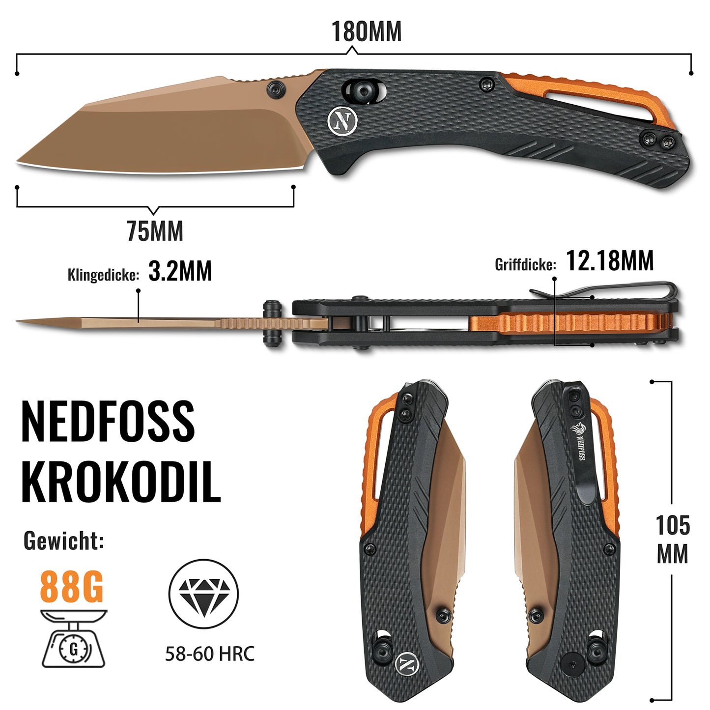 NedFoss KROKODIL Klappmesser, 7.5CM 14C28N Stahl Taschenmesser mit Axis lock, Einhandmesser mit G10 Griff, Outdoor Messer mit Gürtelclip, Survival Messer für den Alltag, Sammlung & Geschenk