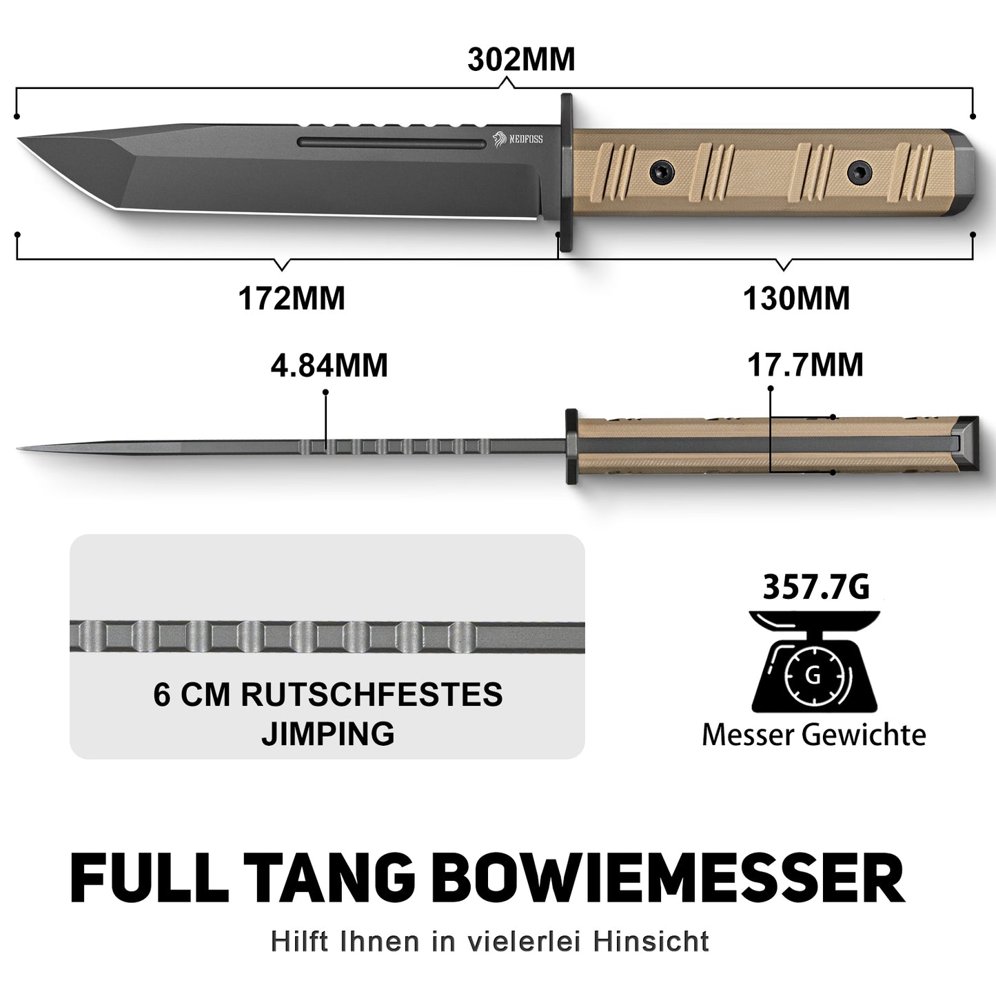 NedFoss BRAVE Bowiemesser, 17.2CM D2 Stahl FULL TANG Outdoor Messer mit G10 Griff & Kydex Scheide, Survival Messer mit Titanium, Großes Jagdmesser, Bushcraft Messer für Camping, Geschenk, Sammlung