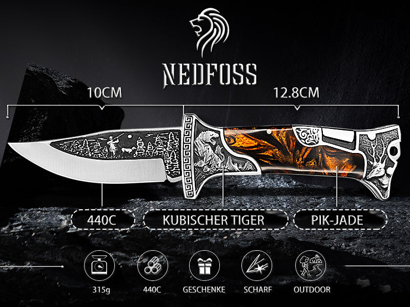 Nedfoss TIGER ROAR Zweihand- Klappmesser, TIGER ROAR Taschenmesser mit Gürtelclip, EDC Messer mit Back Lock, Outdoormesser& Jagd klappmesser in schönes Design, scharf