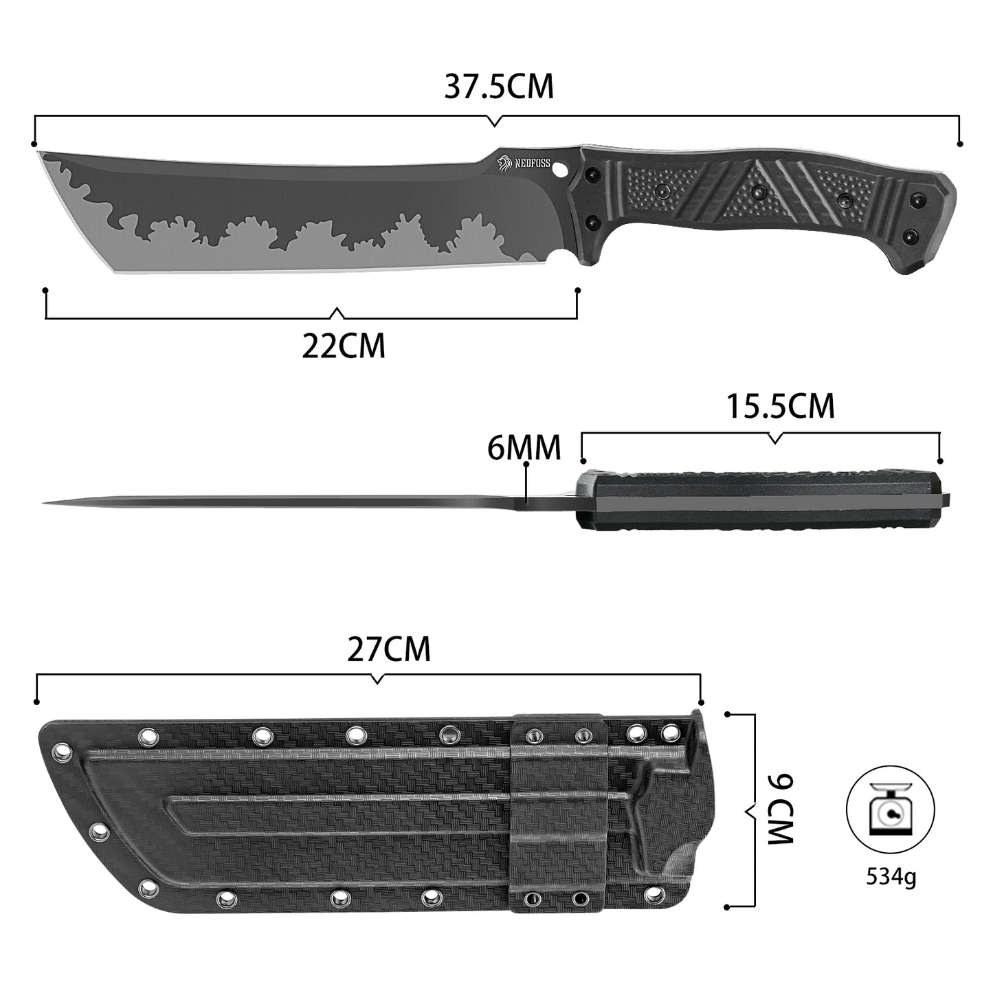 NedFoss FÖRSTER Machete, 37.5CM großes FULL TANG Survival Machete aus einem Stück Stahl mit Scheide, Scharfes Outdoor Messer, Buschmesser für Gartenarbeit, Bushcraft & Outdoor