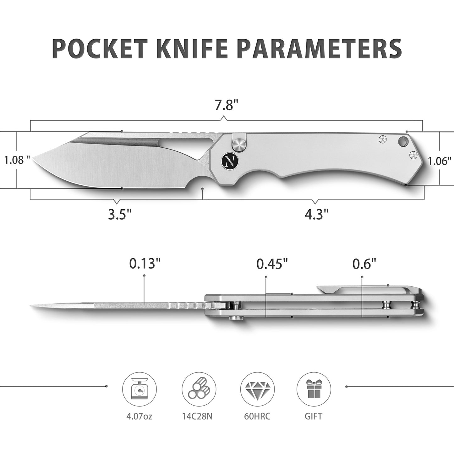 NedFoss COUGAR Klappmesser, 7.5cm 14C28N Stahl Taschenmesser mit Button-Lock, Einhandmesser mit leichtem Stahlgriff, Outdoor Messer mit Gürtelclip, Survival Messer für den Alltag, Sammlung & Geschenk