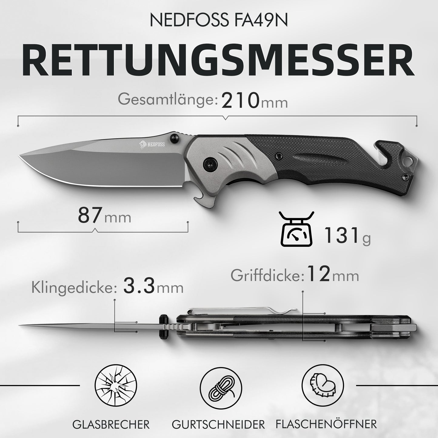 NedFoss FA49N Rettungsmesser, 8,7cm Klappmesser mit Gurtschneider & Glasbrecher & Flaschenöffner, Einhandmesser mit Gürtelclip, Taschenmesserfür Auto, Survival Rescue messer Outdoor