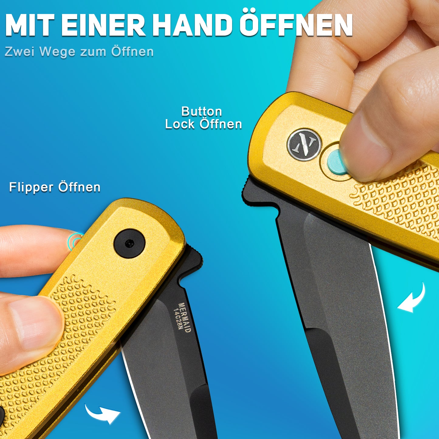 NedFoss MERMAID II Klappmesser, 8.5CM 14C28N Stahl Taschenmesser mit Button-Lock, Einhandmesser mit Aluminium-Griff, Outdoor Messer mit Gürtelclip, Survival Messer für den Alltag, Sammlung & Geschenk