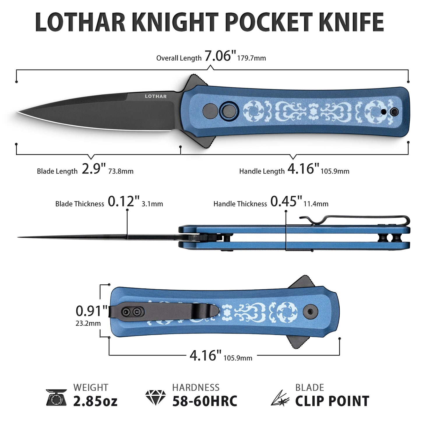 LOTHAR KNIGHT 2,9 Zoll VG10 Stahlklinge, Flipper-Knopfverschluss, Taschenmesser mit Clip