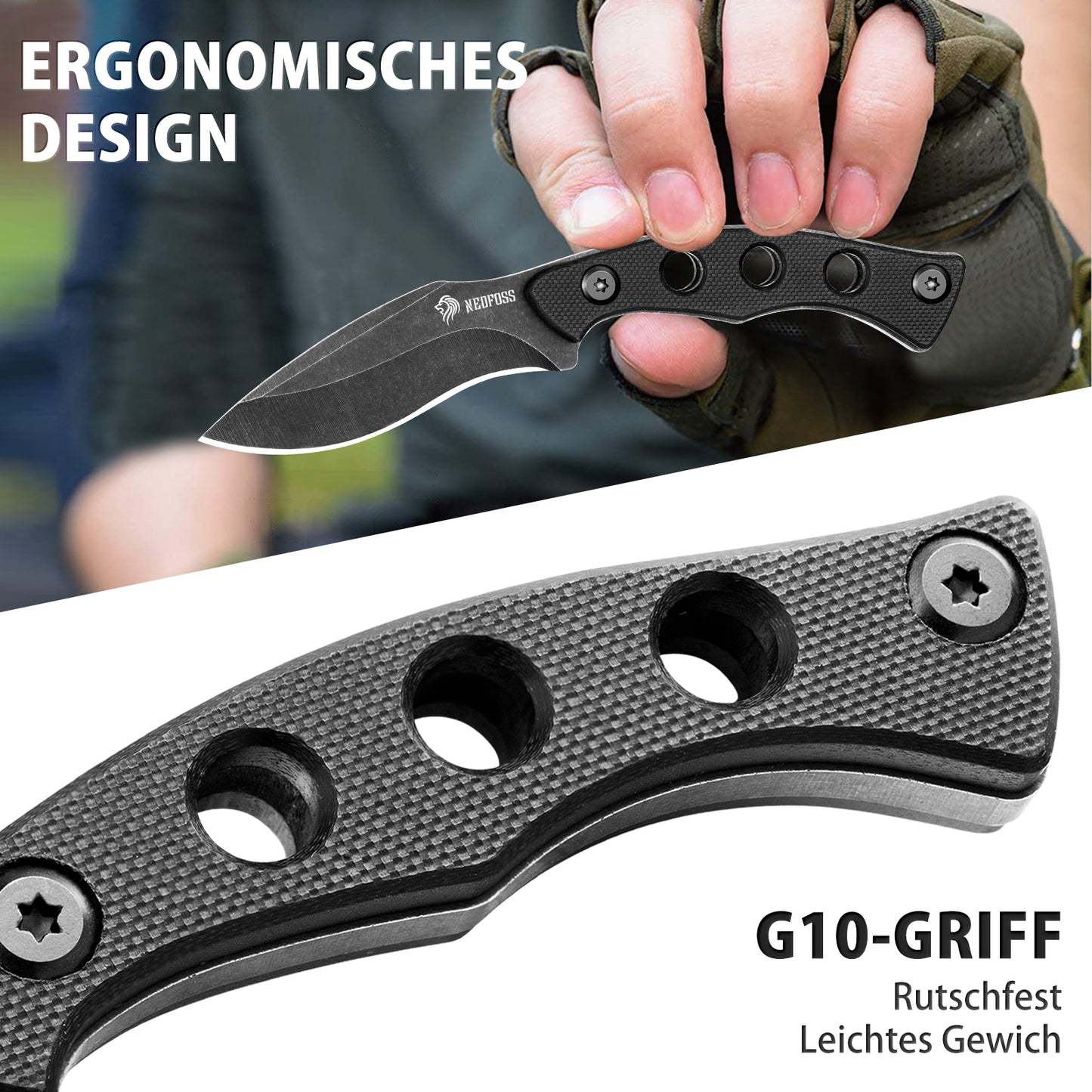 NedFoss SQUIRRE Neck Knife Messer mit Kette, Full Tang, Mini Outdoor Messer, Bushcraft Messer mit schwarze Kydex Scheide