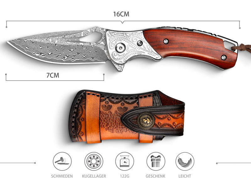 NedFoss HERON  Damast Taschenmesser, Damast Klappmesser mit gelbem Sandelholzgriff mit schönem Muster, Mini Einhandmesser mit Scheide, scharfe Outdoor-Messer für die Jagd, Camping und Sammeln