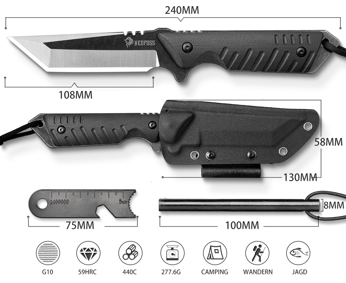 NEDFOSS DRAGON Tanto Outdoor Messer mit Kydex Holster, 10,4cm Full Tang EDC Survival Messer mit G10 Griff, feststehende Messer, Camping Gürtelmesser, Bushcraft Messer