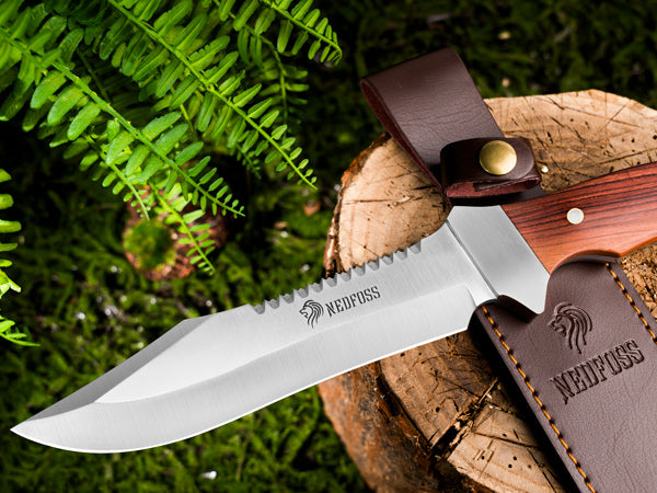 NedFoss JUNGLE-KING Jagdmesser, 33cm Messer Outdoor feststehend mit Holzgriff, Full Tang Bowiemesser mit Holster, Großes Survival messer, Rambo messer, Fahrtenmesser