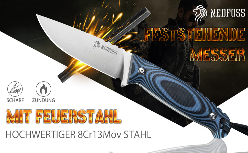NedFoss HYENAS Outdoor Messer, 9cm Full tang Survival Messer mit Kydex Holster, scharfes Bushcraft Messer mit rutschfestem G10 Griff, Jagdmesser, Fahrtenmesser