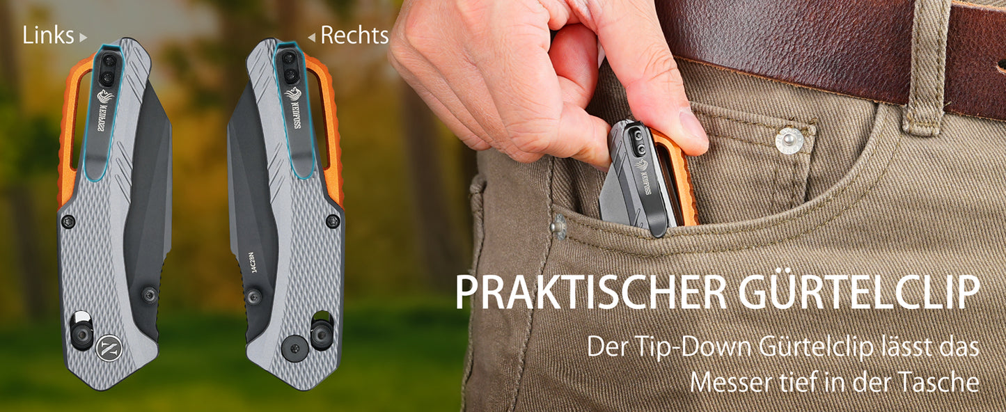 NedFoss KROKODIL Klappmesser, 7.5CM 14C28N Stahl Taschenmesser mit Axis lock, Einhandmesser mit G10 Griff, Outdoor Messer mit Gürtelclip, Survival Messer für den Alltag, Sammlung & Geschenk