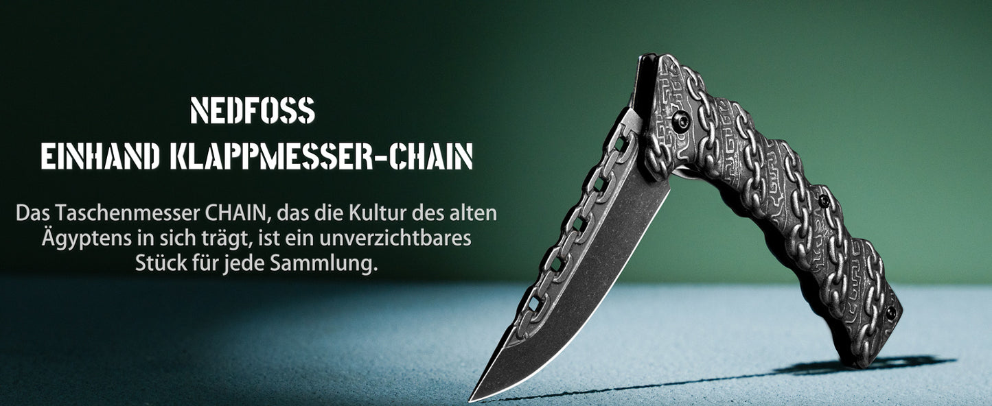 NedFoss CHAIN Klappmesser, scharfes Taschenmesser, Messer Outdoor mit einzigartigem Aussehen, Outdoor Messer, campingmesser mit Liner-Lock-Verschluss