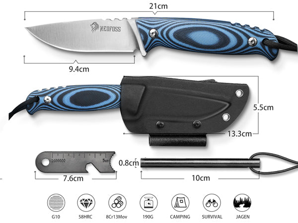NedFoss HYENAS Outdoor Messer, 9cm Full tang Survival Messer mit Kydex Holster, scharfes Bushcraft Messer mit rutschfestem G10 Griff, Jagdmesser, Fahrtenmesser
