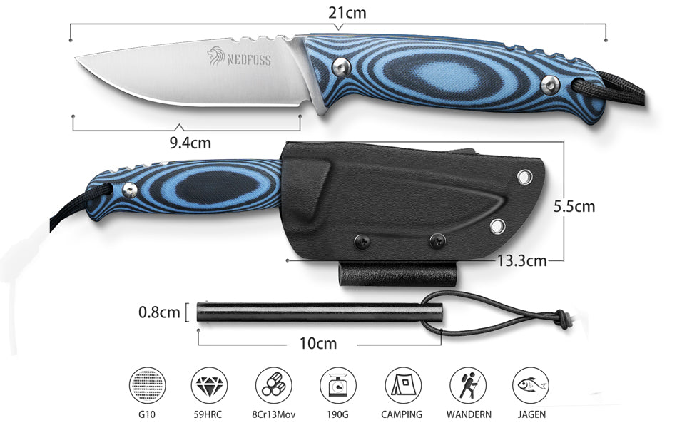 NedFoss HYENAS Outdoor Messer, 9cm Full tang Survival Messer mit Kydex Holster, scharfes Bushcraft Messer mit rutschfestem G10 Griff, Jagdmesser, Fahrtenmesser