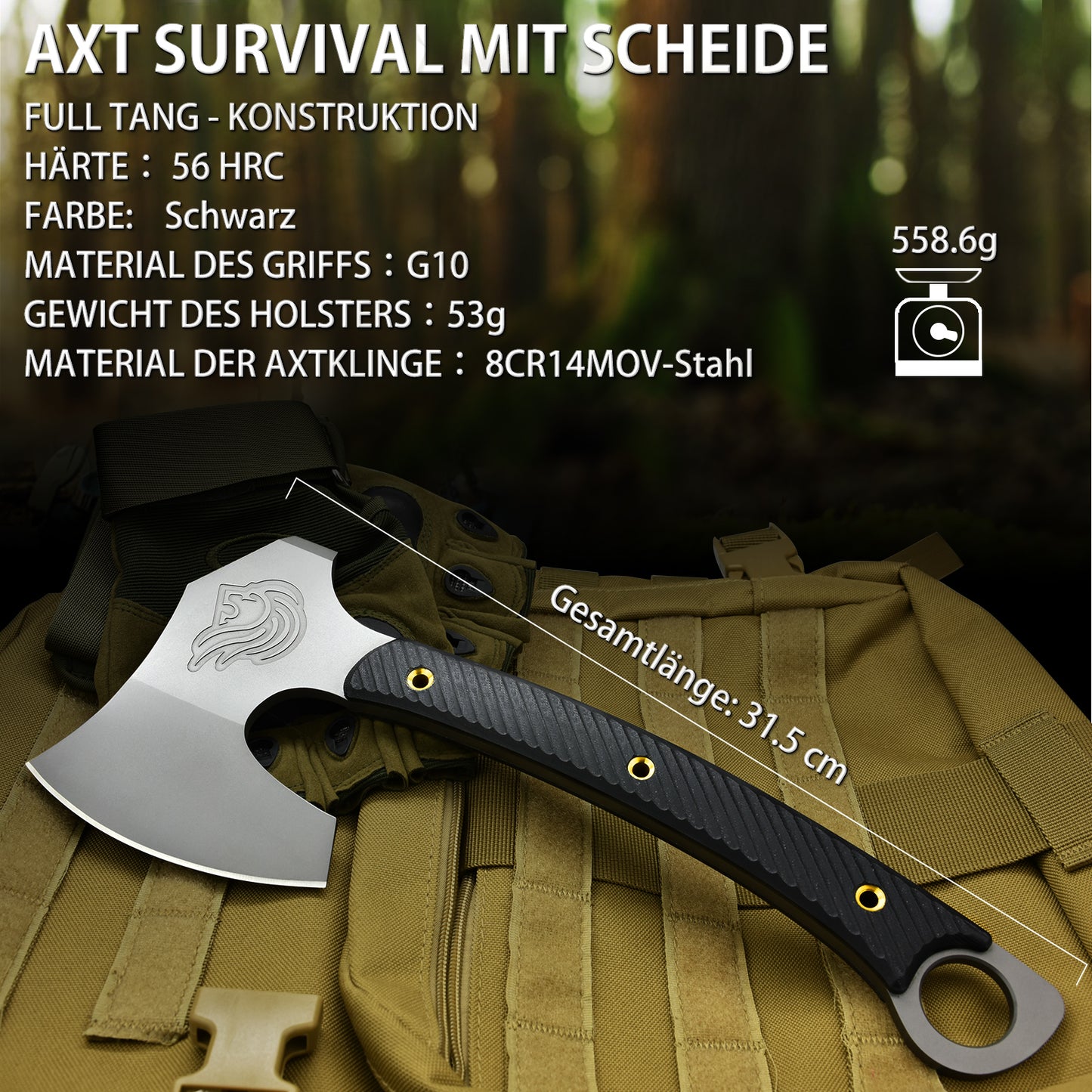 NedFoss VIKINGS Tomahawk, 31.5cm Full Tang Tactical Axt, Scharfe Wikinger Axt mit G10 Griff, Tomahawk Axt, Kampfaxt, Taktische Axt, Camping Axt, Axt Survival, Streitaxt, Bartaxt, Axt Wikinger mit Scheide